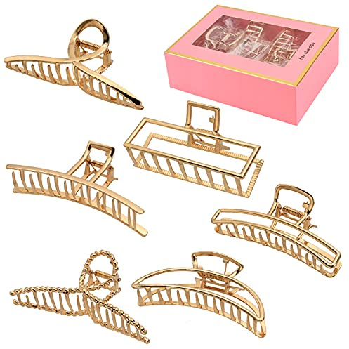 LUKACY 6 Pack Gold Metal Hair Clips - 4 Inch Large Jaw Clips for Women, Strong Hold Hair Claws for Thick or Thin Hair, Fashion Hair Accessories for Styling