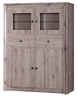 Furniture24 Vitrine Mars MR6 Schrank Wohnzimmerschrank Vitrinenschrank 4 Türiger mit 2 Schubladen Eiche Sanremo dunkel