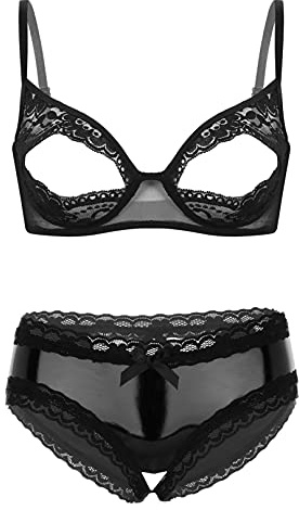 iiniim Women Lace Bra Balconette 1/4 Cup Unlined Shelf Bra with Low Rise Briefs Underwear Hollow Out Black Medium