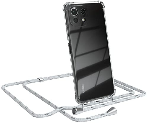 EAZY CASE Handykette kompatibel mit Xiaomi Mi 11 Lite/Mi 11 Lite 5G / 11 Lite 5G NE Handyhülle mit Umhängeband, Handykordel mit Schutzhülle, Silikonhülle mit Band, Stylische Kette, Weiß/Silber
