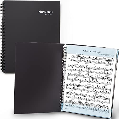 MECCALINE Sheet Music Folder (1 Pack, Black) – 40 Sleeves Display 80 Pages Spiral Binder Organizer for Music Stand – Fits Letter Size 8.5 x 11 Inch – Direct Page Writing with Detachable Name Tag