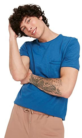 TRENDYOL Herren Männer Kurzarm Taschen T-Shirt, Indigo, L