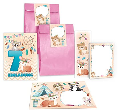 12 Einladungskarten zum 7. Kindergeburtstag Einladung zum siebten Geburtstag Mädchen Jungen Tiere Indianer Koala Reh incl. 12 Umschläge, 12 Tüten / rosa, 12 Aufkleber, 12 Lesezeichen, 12 Blöcke