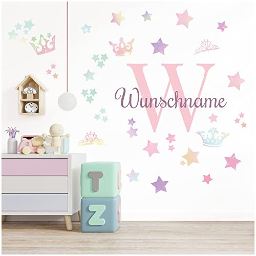 Wandsticker personalisiert Sticker Aquarell Tiere mit Name Wandtattoo für Kinderzimmer Babyzimmer Spielzimmer Mädchen Junge Y037 (Nr. 37 Sterne und Krone, Mit Wunschname)