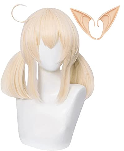 Klee Perruque avec oreilles Genshin Impact Costume Perruque Double Blonde Queue de Cheval pour Anime Cosplay