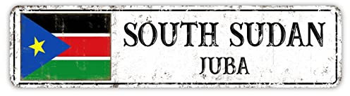 South Sudan Flag Metal Street Sign Custom Yard Sign Personalized City Name Poster Iron Sign Funny Wall Home Decor Sign Decorative for Home Gate Garden Bars Restaurants 6x24in