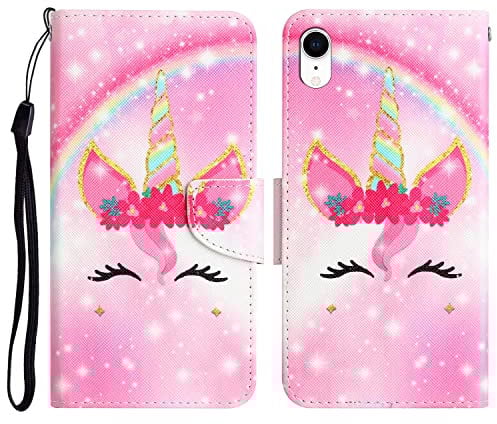 For iPhone XR Case Shockproof Cute Pattern with Credit Card Holder Stand Women Kids Leather Flip Folio Wallet Protective Phone Cover Compatible with iPhone XR - Unicorn