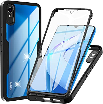 WeiCase Hülle für Xiaomi Redmi 9A / 9AT, Transparent 360 Grad Rundumschutz Schutzhülle mit Integriertem Displayschutz Stoßfest Ultradünn Silikon Handyhülle für Redmi 9A / Redmi 9AT, Schwarz