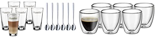 WMF Latte Macchiato Set 12-teilig Latte Macchiato Glas Latte Macchiato Löffel Clever & More & Kult doppelwandige Espressotassen Glas Set, 6 Stück (1er Pack), doppelwandige Gläser 80ml, Klar