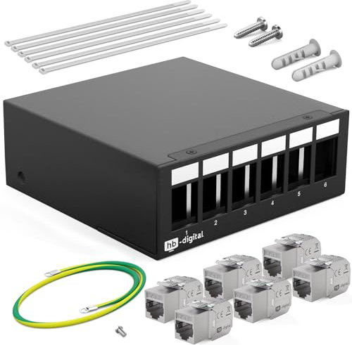 HB-DIGITAL Panneau de brassage à 6 ports 1 HE 6 x CAT 8 RJ45 Module Keystone Jack - Certifié GHMT - Entièrement blindé STP 40 Gbps - Compatible avec les câbles de pose - Câble réseau LAN - Noir