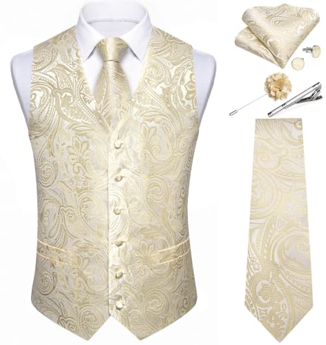 DiBanGu Herren-Krawatten-Set, Seide, Paisley-Kleid, Weste, Hochzeit, 6 | Anzugweste, Jacquard-gewebt, klassisches Design, V-Ausschnitt, 2 echte Taschen, Business, Freizeit, formelle Anlässe, Party