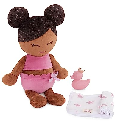 LullaBaby LBY7255Z Badepuppe Badewannenspielzeug 36 cm – Stoffpuppe, braunes Haar – Badespielzeug Baby, Wasserspielzeug – Handtuch & Badeente Puppenzubehör – Badewannen Spielzeug ab 2 Jahren, Multi