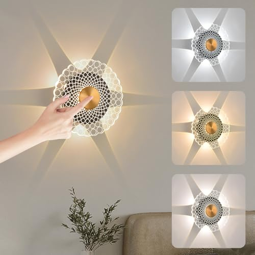 WYQSX Wandleuchte Innen rund, LED Wandlampe mit Touch Schalter Dreifarbige Dimmbar, Modern Acryl Wandleuchten Flur Treppenhaus, mit Sternenlicht-Effekt 3000K/4500K/6000K, 14W