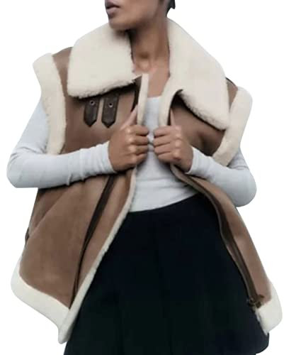 Damen-Weste, Lammfell-Weste, mit Kunst-Teddy-Fleece gefüttert, Reißverschluss, kontrastierende, ärmellose, dicke Jacken, Übergröße, leger, Biker, warme Weste für Damen, coffee, 32