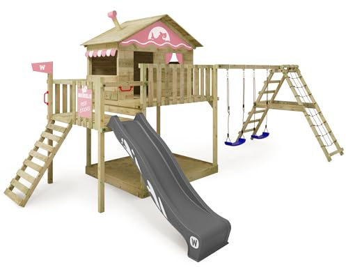 WICKEY Wooden climbing frame Smart Ocean with swing set & slide, Outdoor kids playhouse with sandpit, climbing ladder & play-accessories for the garden - pink pastel