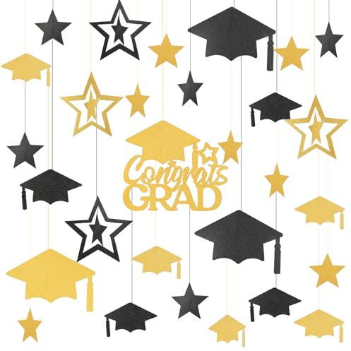 MONCAP 35 Stück ABI 2024 Deko Set Abitur Deko 2024 Abschluss Girlande Schwarz Gold Graduation Deko Abschluss Gratulation Banner für Abi Abschlussfeier Party Abitur Prüfung Bestanden