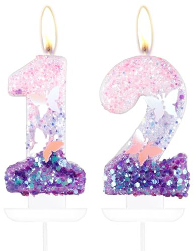 Schmetterling Zahl 12 Kerzen für Kuchen, 12 Geburtstag Schmetterling Kuchen Kerzen Cake Topper Mädchen 12 Geburtstag Kuchen Dekorationen Lila Rosa Schmetterling Geburtstagskerzen Lila Schmetterling