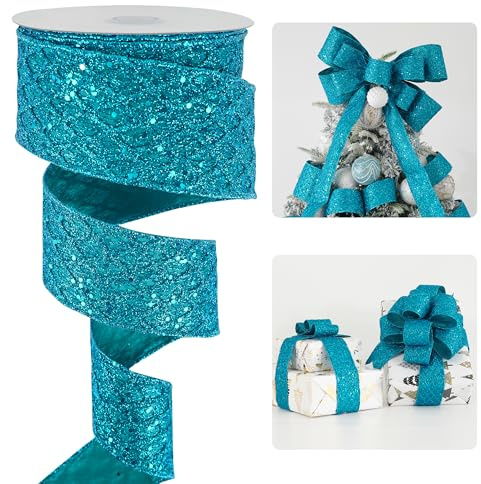 HUIHUANG Turquoise Glitter Wired Ribbon for Christmas Tree 2.5 inch Peacock Blue Diamond Mesh Ribbon for Tree Decoration, Wreaths, Garland, Gift Wrapping, Large Bows Making, Home Decor -10 Yards