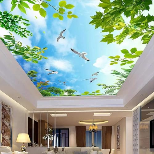 Ciel Bleu, Nuages Blancs Et Feuilles Vertes Fond D’Écran Papier Peint Salon Chambre À Coucher Plafond Peinture Mura Maison Papier Peint 3D Chambre à Coucher Salle de Séjour Mural Murale-300cm×210cm
