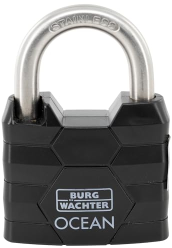 BURG-WÄCHTER Vorhängeschloss, Vorhangschloss mit 2 Schlüsseln, 9,5 mm Bügelstärke, Seewasserfest, Massiver Messingkörper, Doppelt Verriegelt, Ocean 490 Ni 60 SB, Schwarz