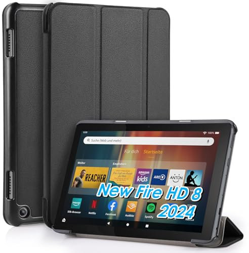 WD&CD Cuero Funda Compatible para Amazon Fire HD 8 Case, 8'', Protector Compatible con Amazon Fire HD 8 2024/2022/ 2020 Funda, PC+PU Caso Carcasa Case Libro de Cuero con Soporte Función, Negro