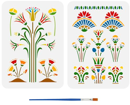 FINGERINSPIRE 2 Stück Jugendstil Schablone Mit Ägyptischen Blumen Und 1 Stück Kunststoff Pinseln 21x29.7cm Große Schablone Mit Ägyptischen Lotusblumen Blumenschablone Im Ägyptischen Stil