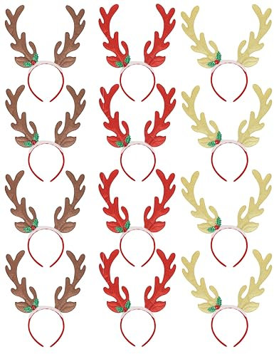 Henbrandt 12 x Weihnachts-Glitzer-Rentier-Geweih-Stirnband mit Stechpalmenglocke, 33 cm, Hirschgeweih, Weihnachtsfeier-Kopfbedeckung, Weihnachtsfeier-Kostüm, Zubehör für Kinder und Erwachsene