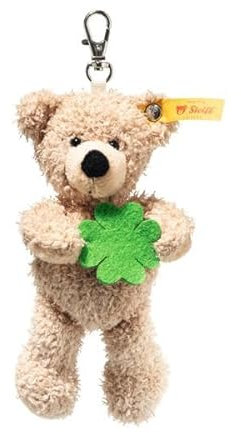 Steiff Anhänger Teddybär Fynn 12cm beige Good Luck, Glücksbringer, kuscheliger Teddy aus Plüsch, vierblättriges Kleeblatt aus Filz, ideale Geschenkidee, waschmaschinenfest