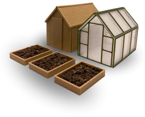 OO Gauge Garden & Allotment Set by Trackside3D – Model Kit with Greenhouse, Wooden Shed & Planters – Easy To Assemble Railway Scenery