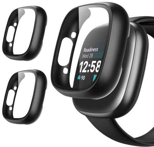 Coiwxmoi 2 Pezzi Cover per Fitbit Versa 4 / Fitbit Sense 2, Custodia Rigida per PC con Ultra Sottile HD Pellicola Protettiva, Resistente ai Graffi, Tocco Sensibile, Nero