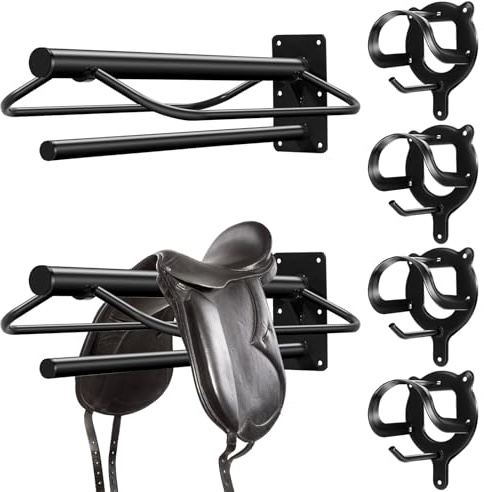 Paterr 6 Pack Saddle Rack Wall Mount with Pad Bar Horse Bridle Rack Metal Bracket Bridle Hooks Detachable Portable Saddle Stand Tack Storage for Western Horse Trailer Stall Supplies Accessories