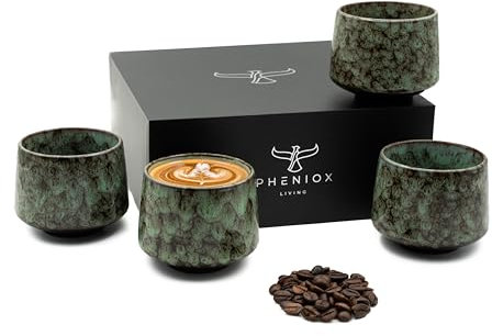 Pheniox | Cappuccino Tassen Set Tibet Green | 4-teilig | 180 ml | hochwertige Tassen aus Steingut | ohne Henkel | spülmaschinenfest | Kaffee | Espresso | Mokka | Geschenk Mann Frau