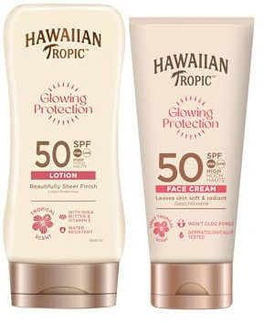 Hawaiian Tropic Glowing Protection Ultra Radiance - Loción Solar Protectora SPF 50, Protege la Piel, Fragancia de Frutas Tropicales180 ml (Individual) + Glowing Protection Facial SPF 50 (50 ml)
