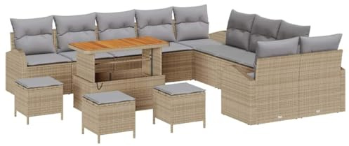 vidaXL Garten-Sofa-Set mit Kissen 14 pcs Beige Poly Rattan, Garten und Terrasse, modulare Möbel, verstellbare Füße, rechteckiges Sofa-Set für 13 Personen
