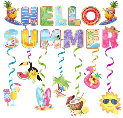 Lyreh Sommerparty Dekorationen, Sommerbanner-Set mit Hawaii-Thema Farbenfrohe Party-Banner-Dekorationen zum Thema Strand mit 7 Hängenden Wirbeln Perfekt für den Urlaub am Strand