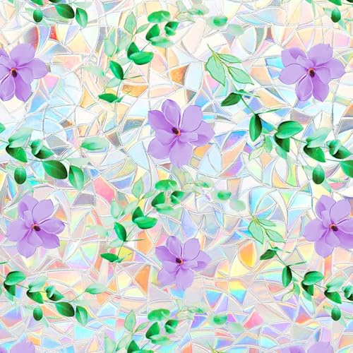 Beautysaid Window Film Privacy for Glass Windows, Stained Glass Window Film with Flower, Frosted Window Static Cling without Glue for Home House Door Bedroom Office, Purple, 44.5 x 200cm