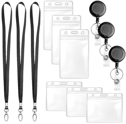 KQDRAVINE Ausweishülle mit Band Set, Kartenhülle mit Band, Scheckkartenhülle, 6 Stück Transparente Kartenhülle mit 3 Einziehbarem Schlüsselanhänger Badge Holder Karten für Studenten Mitabeiter Arzt