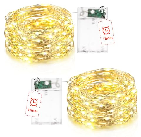 Flaspar 2 Stück Lichterkette Batterie mit Timer, 5M 50 LED Kupferdraht Lichterkette Innen, Micro lichterketten batteriebetrieben für Party Hochzeit Valentinstag Deko, Warmweiß