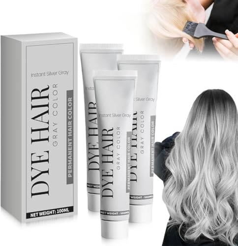 Instant Haarfarbe Grau Silber Haarfarbe, Metallic Grau Haarfarbes, Silbergrau Professionelle Creme mit Arganöl, Nährende Pflege für langanhaltende Farbfixierung, für Alle Haartypen (3PC)