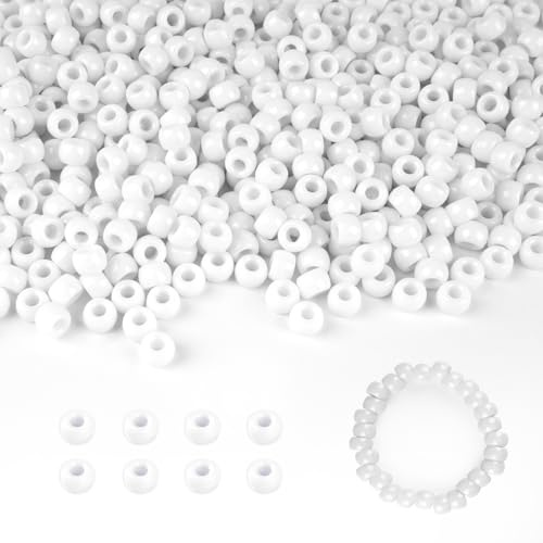 Bunte Pony Perlen zum Auffädeln,1000 Stück Transparente Perlen Großes Loch,6×9mm Haarperlen Bastelperlen für Armbänder, Halsketten, Schlüsselanhänger & DIY Schmuck (Weiß)