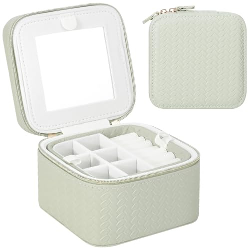DesignSter Joyero de viaje, pequeño organizador de joyas de viaje con espejo, caja de almacenamiento portátil de 2 capas de poliuretano para mujeres y niñas, color verde