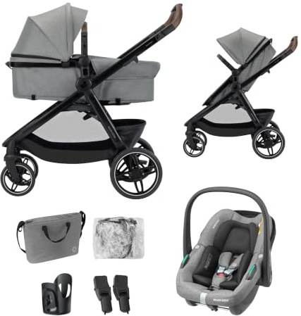 Maxi-Cosi Zelia Select Trio, Barnvagn 3-in-1 Resesystem med Bilbarnstol, 0–4 år (0–22 kg), Hopfällbar med en Hand, Kompakt och Vändbar Sittvagn, med CabrioFix S i-Size Baby Bilbarnstol, Grå