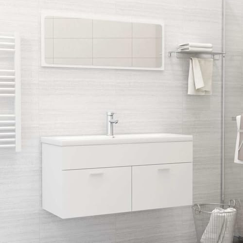 Teenpull Juego de 2 muebles de baño, color blanco, madera, armario bajo lavabo de 100 cm con espejo, moderno juego de baño para espacio de almacenamiento adicional