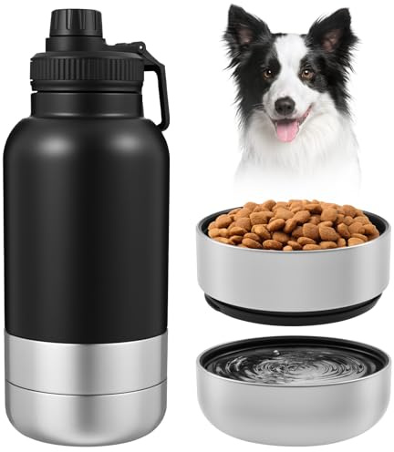 Alongen 3-in-1 Insulated Dog Water Bottle, 32oz Stainless Steel Travel Pet Flask with 2 Detachable Food Containers, Leakproof Multifunctional Dog Drinking Cup for Walking, Hiking, Outdoor