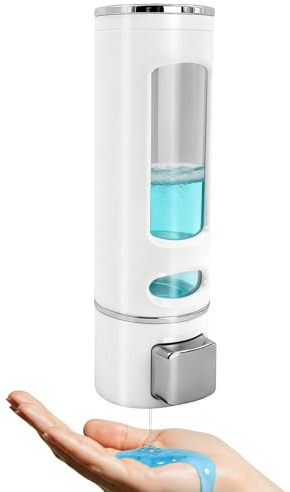 OVBOVA Distributeur de savon mural - 400 ml - Sans perçage - Transparent - Pour salle de bain, douche, cuisine - En ABS - Avec fenêtre de visualisation - Blanc