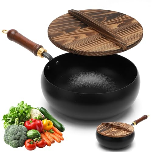 Unbeschichtete Eisenpfanne Geschmiedet, Eisenpfanne, Handgeschmiedete Topf, Unbeschichtete Pfanne, Großer Bauchtopf, Bratpfanne mit Deckel, Antihaft Pfanne für Gasherd Induktionsherd (28cm-A)