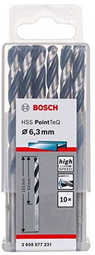 Bosch Accessories 2608577231 HSS PointTeQ (6,3 x 63 x 101 mm) - Set da 10 Pezzi di Punte Elicoidali per Trapano per Metallo, Acciaio, Fusione o Plastica, Grigio (Argento), Ø 6.3 mm