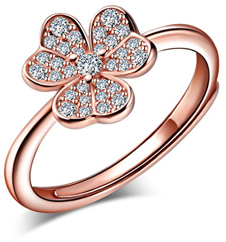 Yumilok Roségold 925 Sterling Silber Zirkonia Kleeblatt Offener Ring Trauringe Verlobungsring für Damen Mädchen, Größe 49-57 Verstellbar