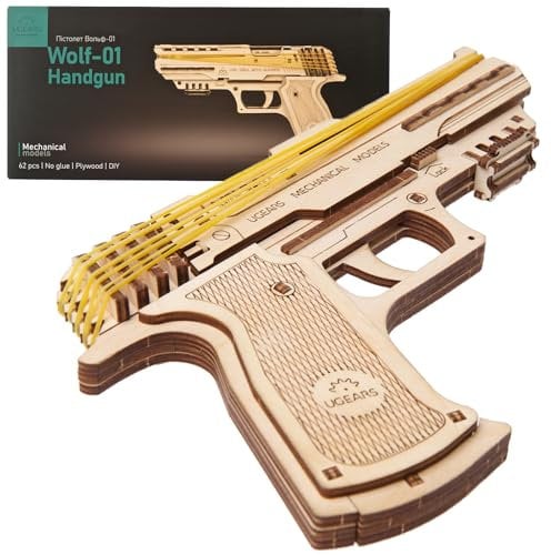 UGEARS Wolf-01 Gummiband Pistole aus Holz - 3D Puzzle Modellbausatz Holzpistole mit Gummibändern - DIY Modellbau Set für Kinder und Erwachsene