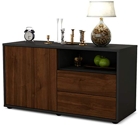 Stil.Zeit TV Schrank Lowboard Alessia, Korpus anthrazit matt, Front Holz Design Walnuss (92x49x35cm), Push to Open Technik & Leichtlaufschienen